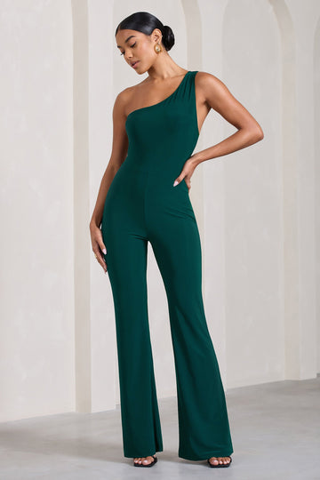 In The Dark Bottle Green Sleeveless Asymmetric Flared-Leg Jumpsuit